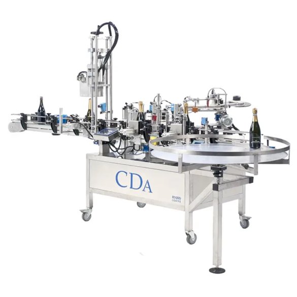 Automatische Linear-Etikettiermaschine zur präzisen Klebeetikettierung von Champagnerflaschen und Sekt, R1000 Foils